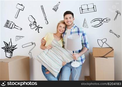 home, people, repair and real estate concept - smiling couple with big cardboard boxes and stuff moving to new place over doodles