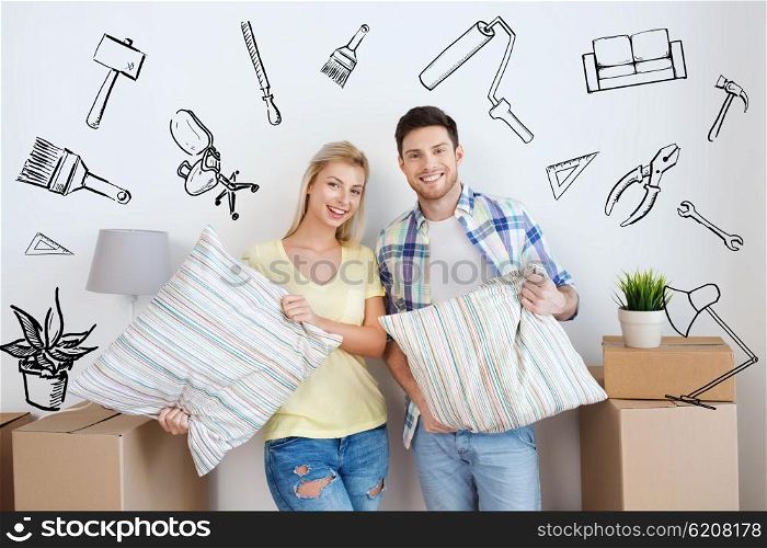 home, people, repair and real estate concept - smiling couple with big cardboard boxes and stuff moving to new place over doodles