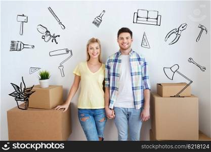 home, people, repair and real estate concept - smiling couple with big cardboard boxes moving to new place over doodles