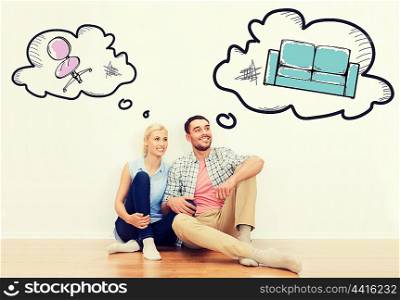 home, people, repair, moving and real estate concept - happy couple of man and woman sitting on floor at new place with text bubbles and furniture doodles