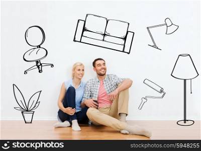 home, people, repair, moving and real estate concept - happy couple of man and woman sitting on floor at new place over interior doodles background