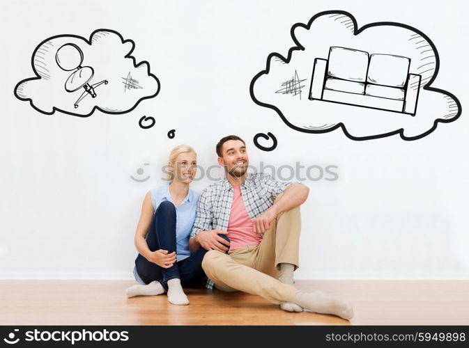 home, people, repair, moving and real estate concept - happy couple of man and woman sitting on floor at new place with text bubbles and furniture doodles