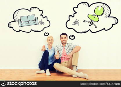 home, people, repair, moving and real estate concept - happy couple sitting on floor and showing thumbs up at new place with text bubbles and furniture doodles