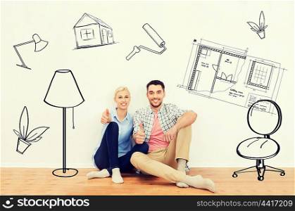 home, people, repair, moving and real estate concept - happy couple sitting on floor and showing thumbs up at new place over interior doodles background