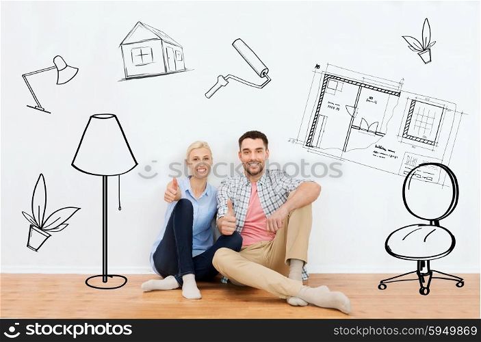 home, people, repair, moving and real estate concept - happy couple sitting on floor and showing thumbs up at new place over interior doodles background