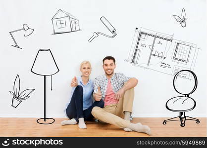 home, people, repair, moving and real estate concept - happy couple sitting on floor and showing thumbs up at new place over interior doodles background