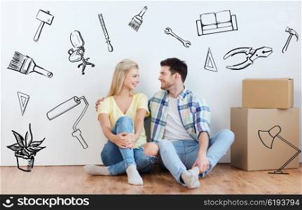 home, people, repair, moving and real estate concept - happy couple with many cardboard boxes sitting on floor at new place over doodles