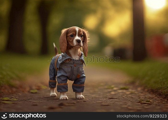 Home pet dog in a cute jumpsuit for a walk in the park, trees blurred background. Small dog breed in a denim suit. AI generated.. Home pet dog in a cute jumpsuit for a walk in the park, trees blurred background. AI generated.
