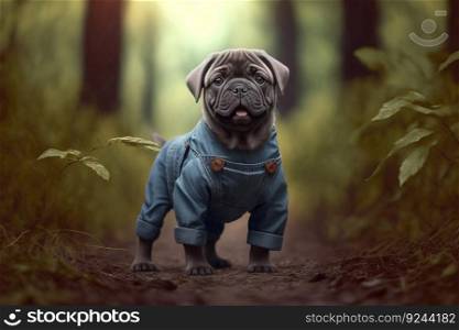 Home pet dog in a cute jumpsuit for a walk in the park, trees blurred background. Small dog breed in a denim suit. AI generated.. Home pet dog in a cute jumpsuit for a walk in the park, trees blurred background. AI generated.