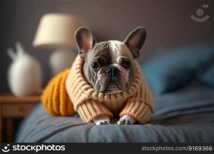 home pet French Bulldog in clothes resting on the bed Generative AI.