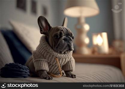 home pet French Bulldog in clothes resting on the bed Generative AI.