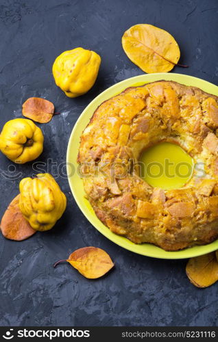 home pie with quince. autumn homemade baked cake with ripe quince