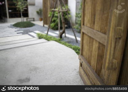 Home plants in wooden architecture, stock photo