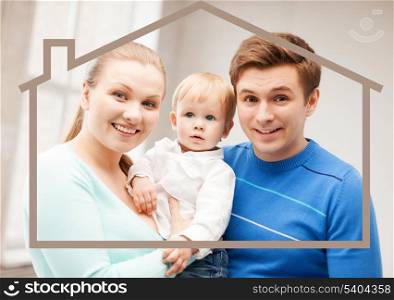 home, real estate and family concept - family with child and dream house
