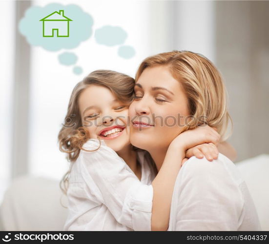 home, real estate and family concept - mother and daughter with eco house