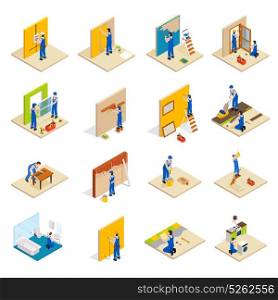 Home repair isometric set. Home repair isometric set with workers doing maintenance isolated vector illustration