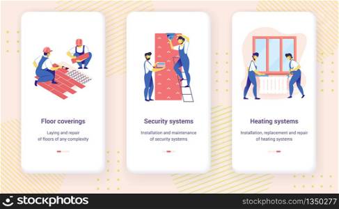 Home Repair Mobile App Page Onboard Screen Set for Website, Floor Covering, Heating and Security System Installation. Handyman, Construction Engineers Call Service. Cartoon Flat Vector Illustration. Home Repair Mobile App Page Onboard Screen Set