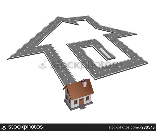 Home search for a dream house concept as a road shaped as a house leading to a family residence as a symbol for real estate services and guidance for buying a family dwelling.