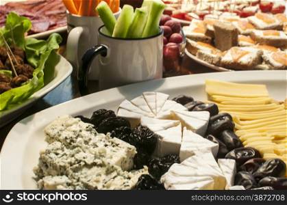 Home table with variety of appetizer dishes at party