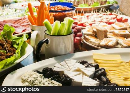 Home table with variety of appetizer dishes at party