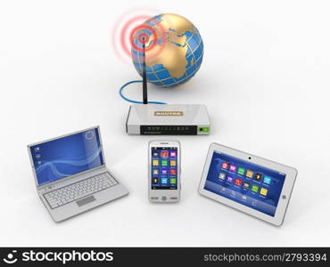 Home wifi network. Internet via router on phone, laptop and tablet pc. 3d