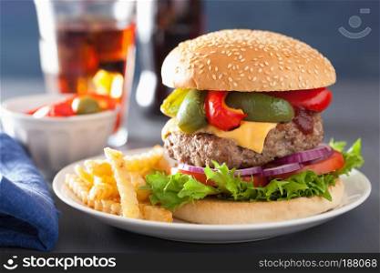 homedade cheese burger with peppers tomato onion
