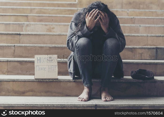 "Homeless people poverty beggar man asking for money job and hoping help in helpless dirty city sitting with sign of cardboard box said "Homeless Please Help" on board. Beggar in city concept."