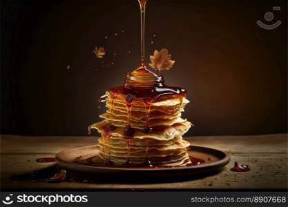 Homemade american pancakes with honey. Healthy morning breakfast. Rustic style. Generative AI