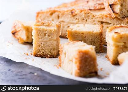 Homemade apple cake, tray bake, slices on metal background, closeup, selective focus