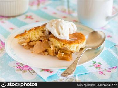 Homemade apple pie with cinnamon. Ice cream on side, light blue background, selective focus