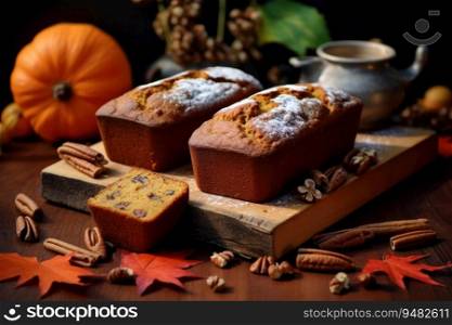 Homemade autumn cakes or cupcakes with nuts and sπces, cozy atmosphere of autumn. Homemade autumn cupcakes with nuts and cinnamon and pumpkin on a wooden board