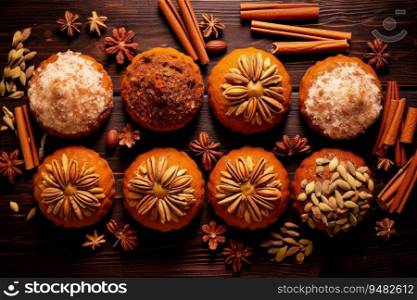 Homemade autumn cakes or cupcakes with nuts and spices, cozy atmosphere. Homemade autumn cupcakes with nuts and cinnamon , top view