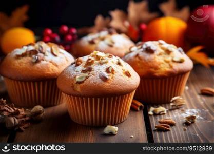 Homemade autumn cakes or cupcakes with nuts and spices, cozy atmosphere of autumn. Homemade autumn cakes or cupcakes with nuts and spices
