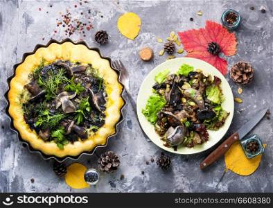 Homemade autumn mushroom pie.Russian seasonal food.Autumn menu. Autumn mushroom pie
