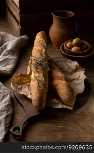 Homemade baguette french bread with parchment paper on wood table. Bread at wooden tabletop as baking concept