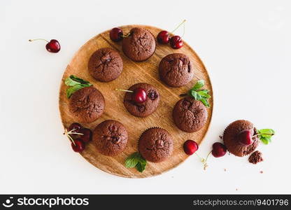 Homemade baked cherry muffins with fresh berries on white wooden table