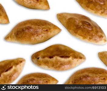 homemade baked patties with filling on an isolated white background, top view