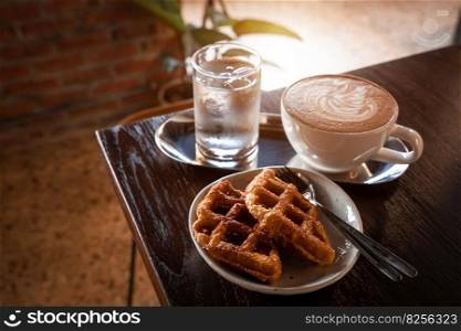 Homemade Belgian Waffles with honey and Hot coffee latte with latte art milk foam in a swan shape in cup mug  on wood desk on top view. As breakfast In a coffee shop at the cafe,during business work.