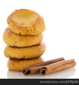 Homemade biscuits with eggs and cream on white background.