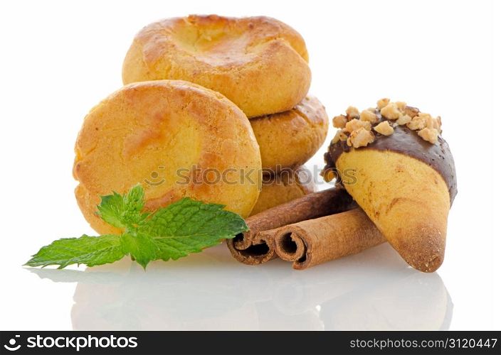 Homemade biscuits with eggs and cream on white background.