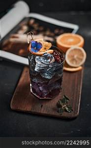 Homemade blueberry italian soda drink in glass.. Homemade blueberry italian soda drink