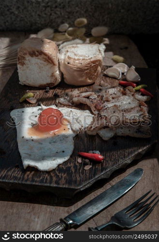 Homemade breakfast with Fried egg, Fried bacon and Toasts served with Honey on Wooden cutting board. Healthy food concept, Selective Focus.