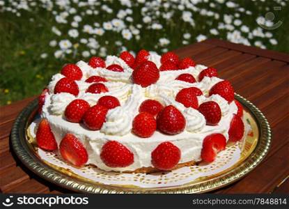 Homemade cake with cream and strawberries at a table in garden with growing daisies