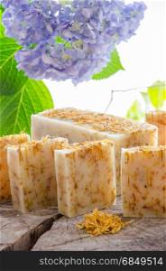homemade calendula and tea tree herbal natural soap using olive oil shea and cocoa butter