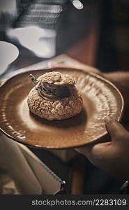 homemade Chestnut Choux Creme cake on background.. homemade Chestnut Choux Creme cake