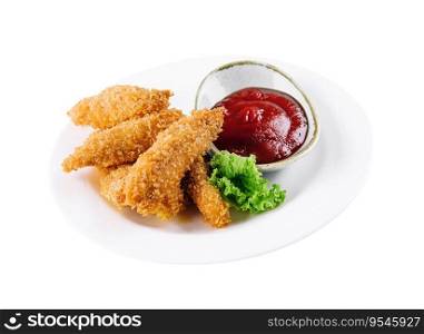 Homemade chicken nuggets with ketchup isolated