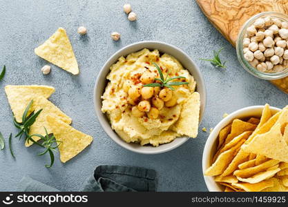 Homemade chickpea hummus with chips