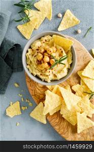 Homemade chickpea hummus with chips
