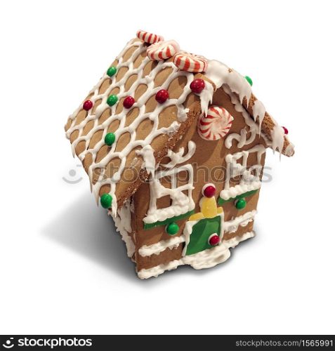 Homemade child Gingerbread House as a sweet traditional family craft and activity for holiday season tradition on a white background.