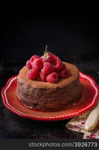 Homemade chocolate cake with raspberry on plate, over dark background, selective focus